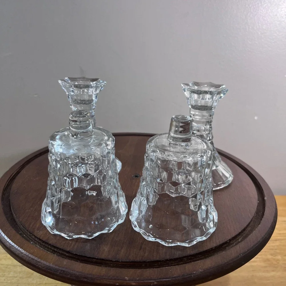 Vtg HOMCO Cubist Candlestick Holders Clear Pressed Glass Set of 2 MCM Decor